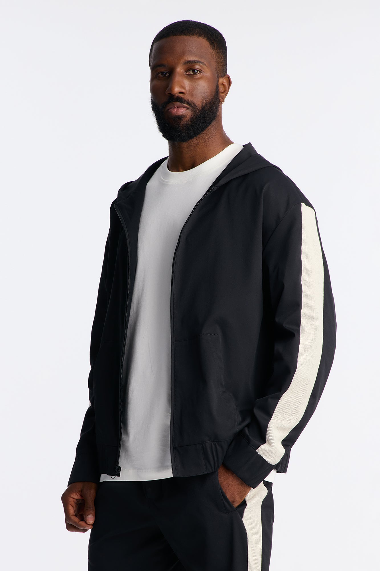 Black Knit Striped Zip Hooded Jacket - Unisex Casual Outerwear