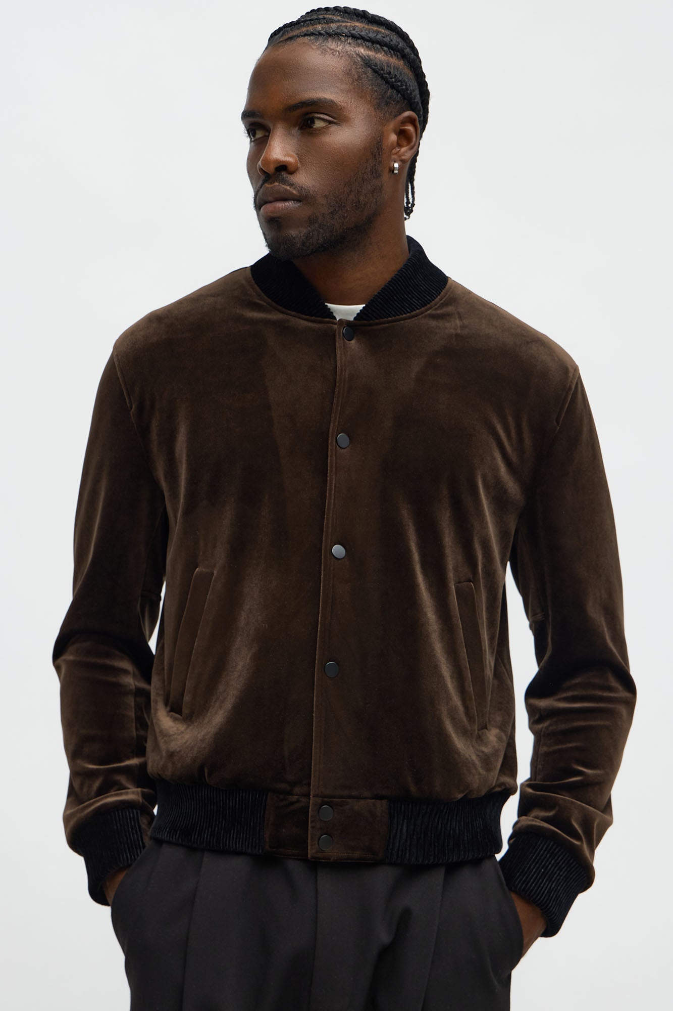Elevated Velvet Bomber Jacket in Brown - Premium Soft Fabric