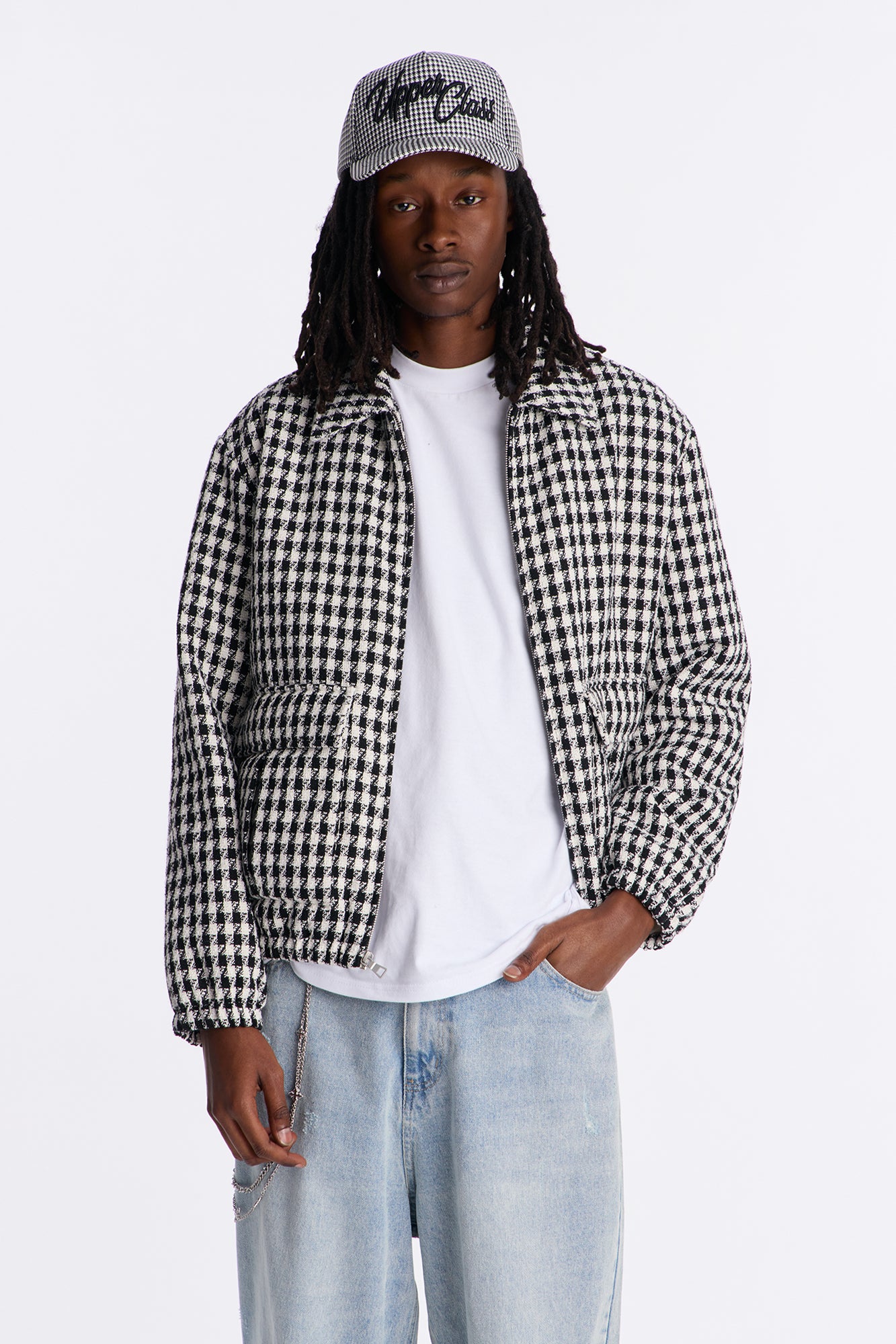 Ludlow Checkered Tweed Padded Bomber Jacket in Black/White