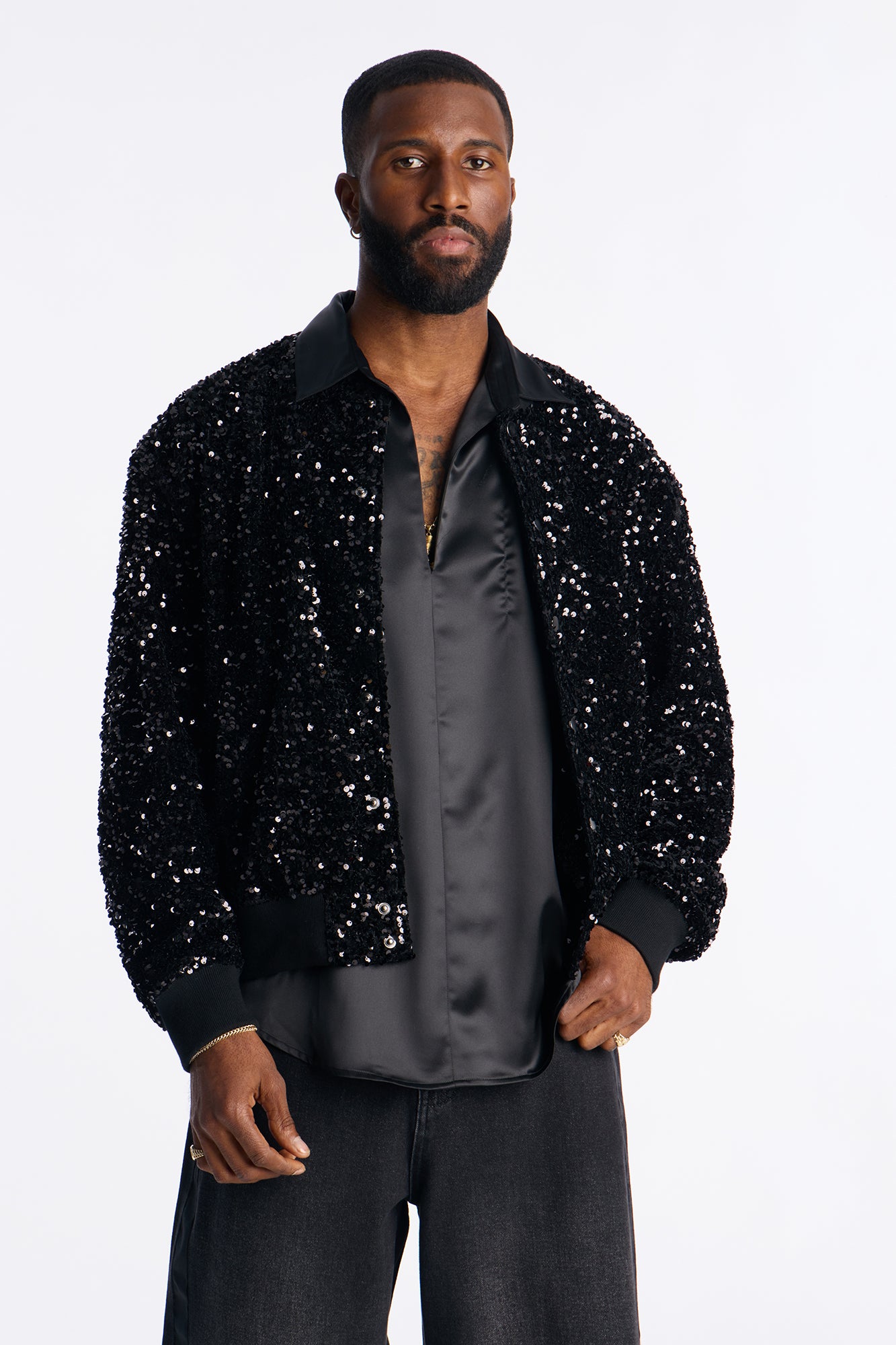 Textured Blinged Out Sequin Bomber Jacket Black