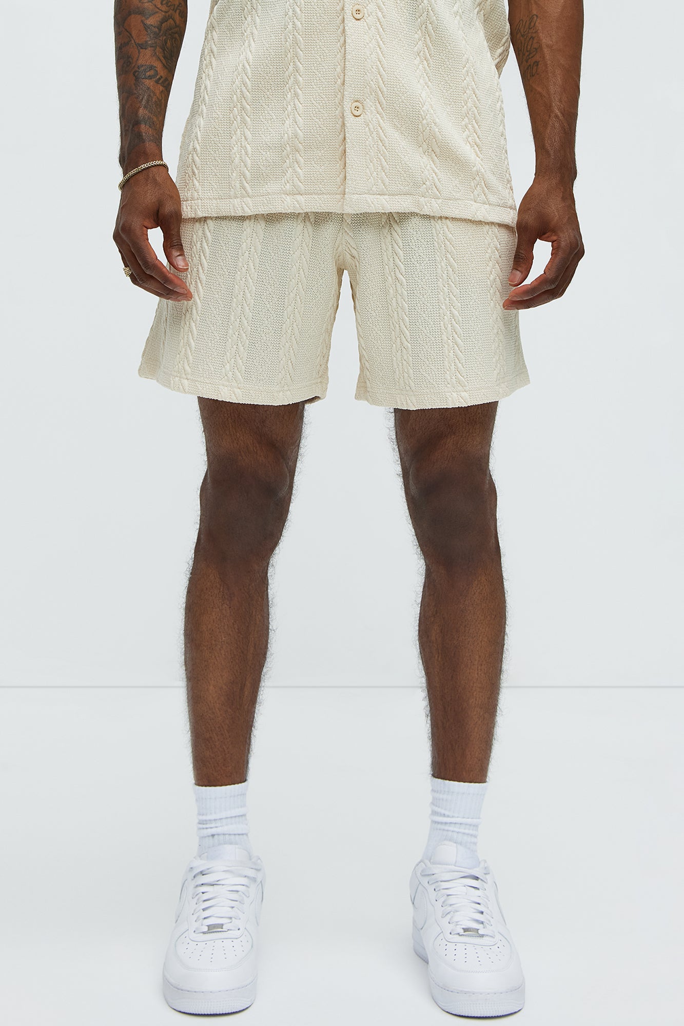 Textured Stripes Relaxed Drawstring Shorts Cream