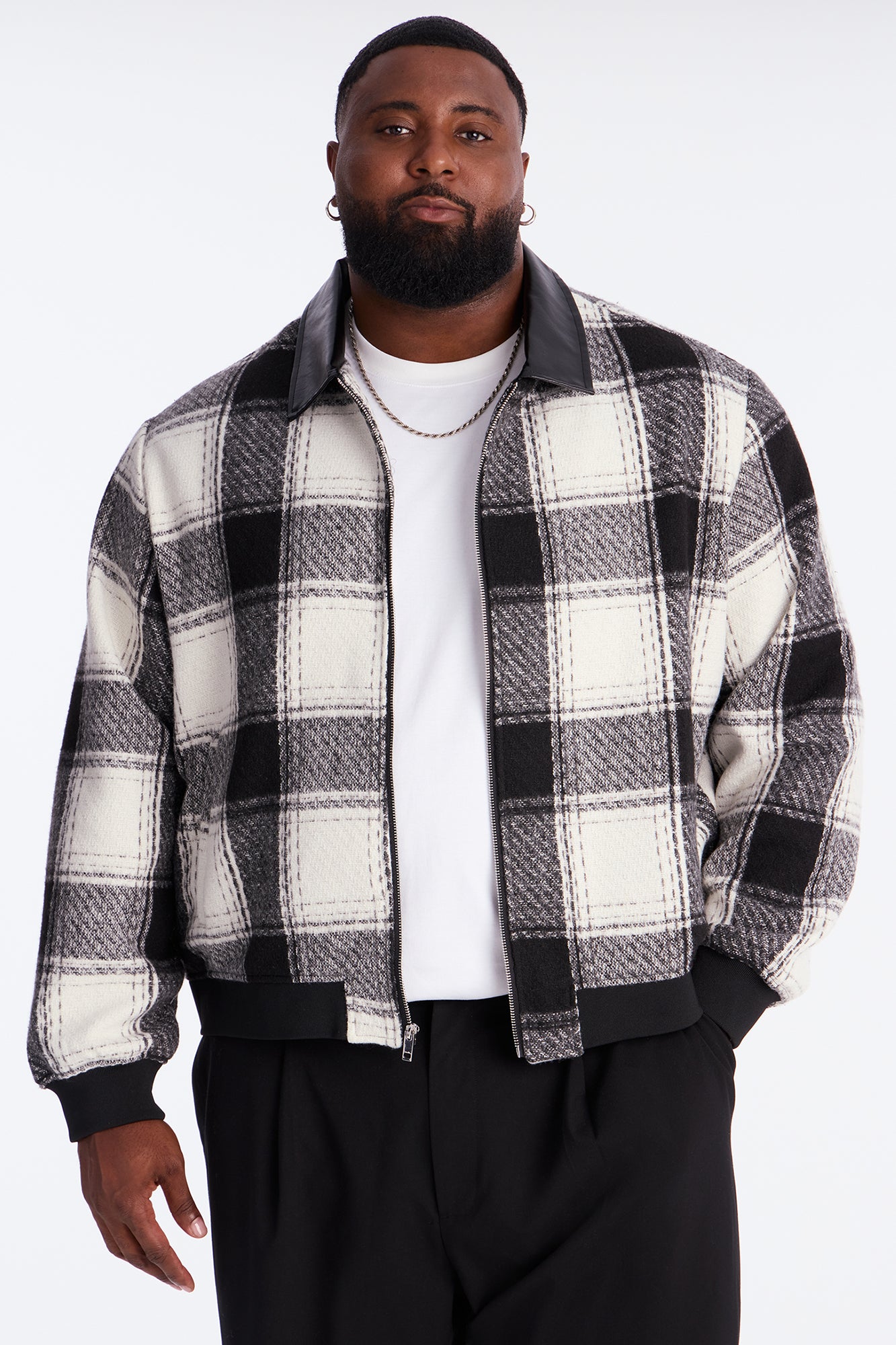 Tweed Plaid Bomber Jacket - Black Wool Blend Men's Jacket